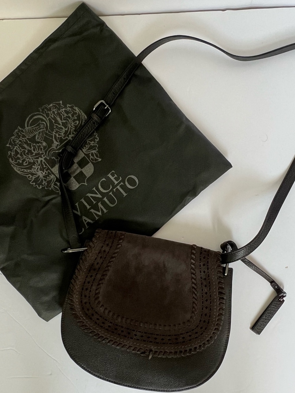 Vince Camuto Brown Suede & Leather Crossbody Saddle Bag